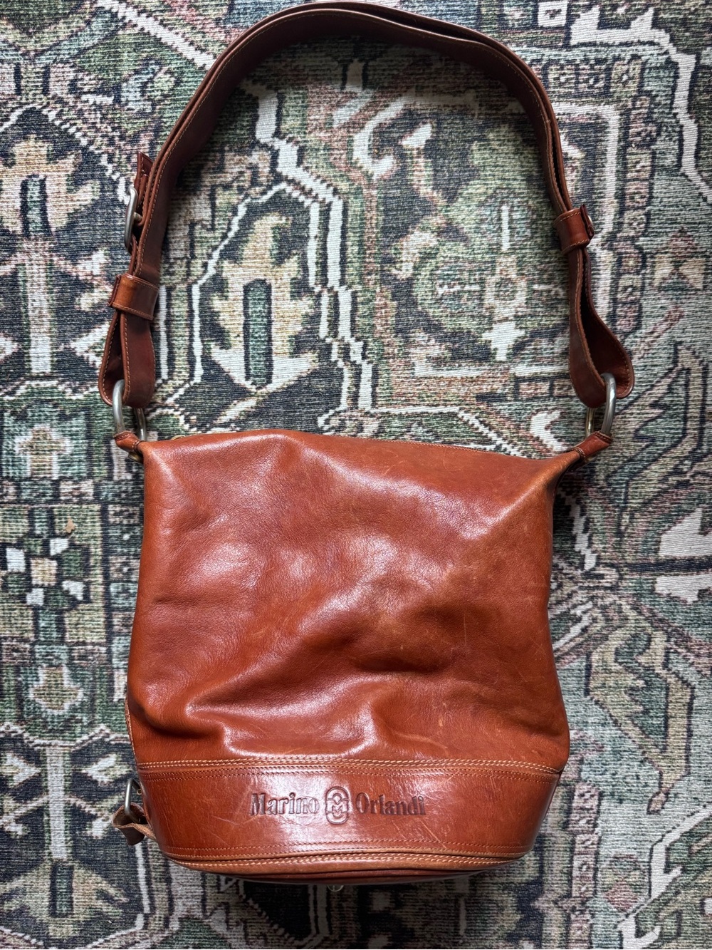 Marino Orlandi Vintage Cognac Brown Italian Leather Bucket Purse Bag